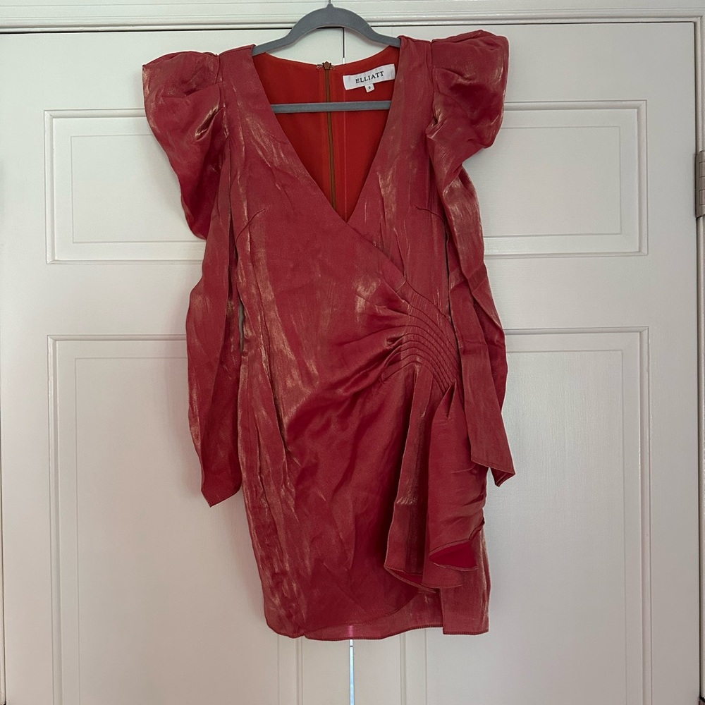 Elliatt ‘Golden’ Dress S metallic puff sleeve orange pink gold fall vibes - Picture 4 of 9